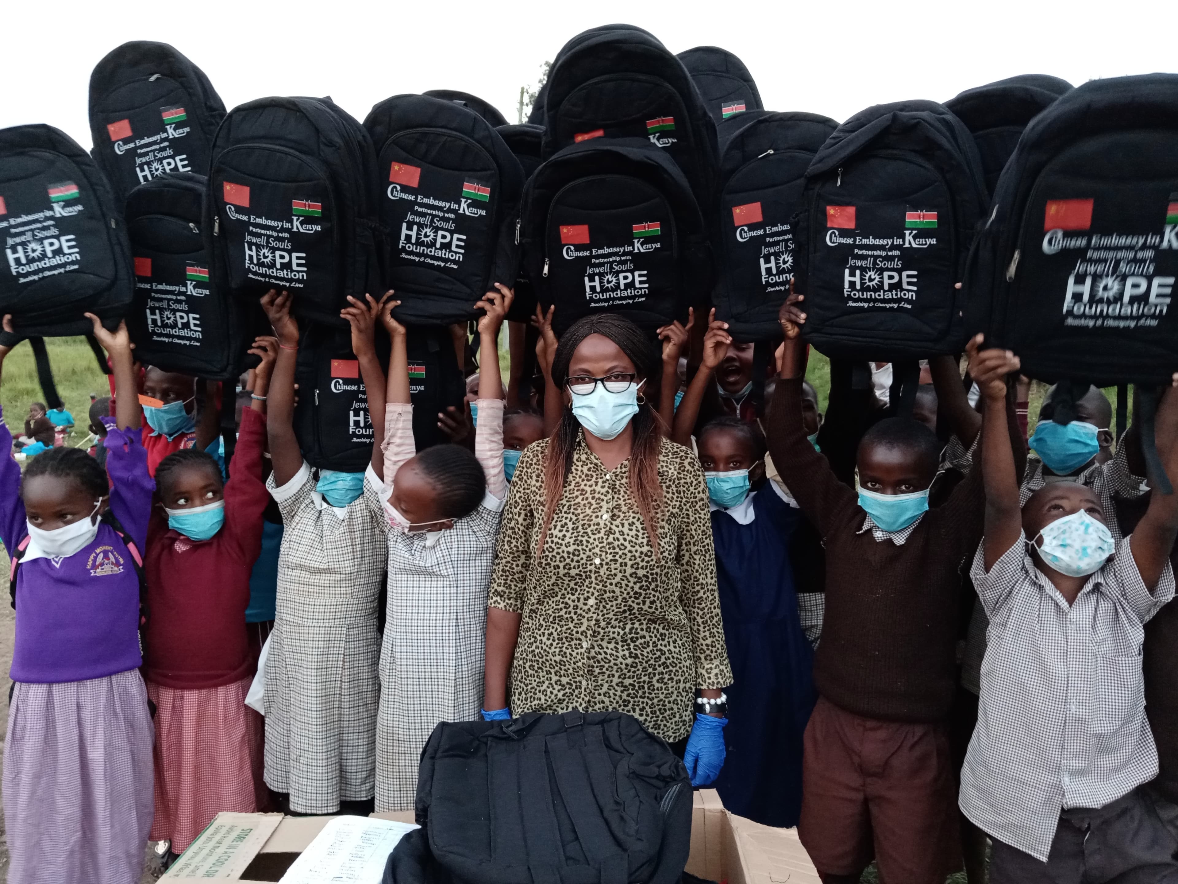 School bags and supplies ready for distribution